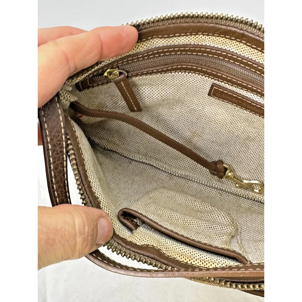 Vtg Dooney Bourke Purse DB Logo Canvas Jacquard Leather‎ Trim Brown Slim